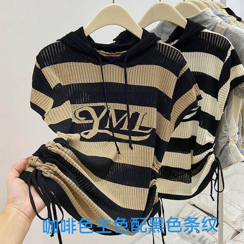 夏季条纹针织短袖镂空新款薄款胖mm时尚带帽子慵懒风百搭t恤帽衫
