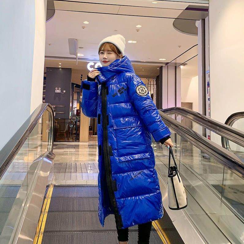 免洗亮皮可擦洗长款棉服宽松版棉衣刺绣过膝保暖加大加厚冬装棉袄