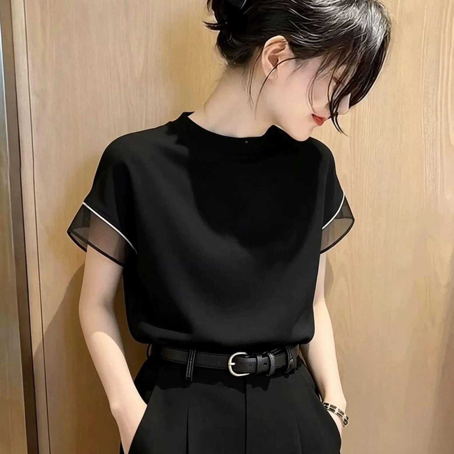 法式温柔黑色网纱拼接短袖棉T恤女2026夏季设计气质减龄休闲上衣