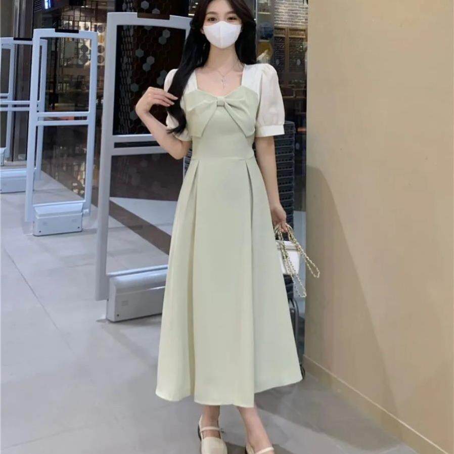 大码连衣裙2025夏装新款法式蝴蝶结拼接胖mm气质中长款百搭裙子潮