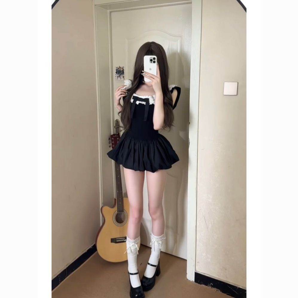 夏季复古辣妹风套装裙小众新款蕾丝拼接花苞连衣裙打底短裤两件套