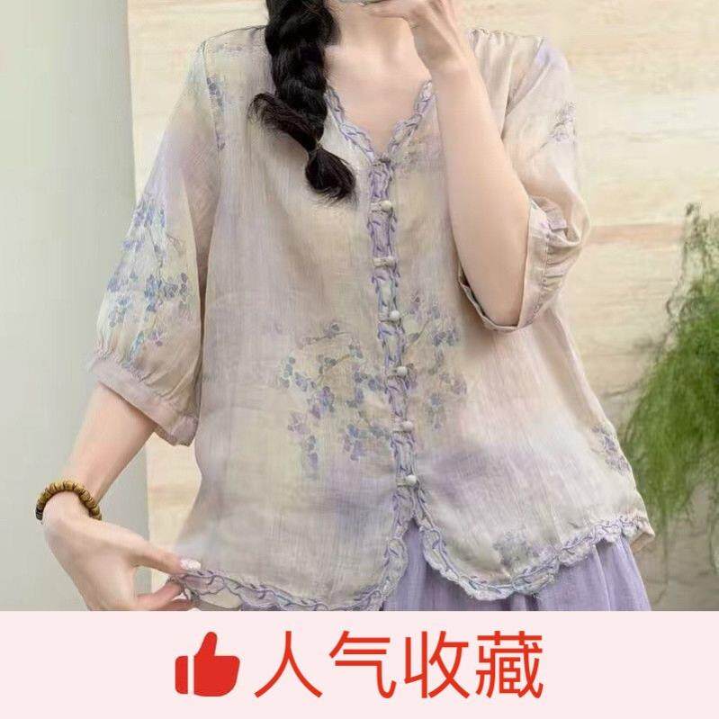 品质苎麻短袖上衣女 时尚印花手工立体绣花文艺衬衫 夏季棉麻小衫