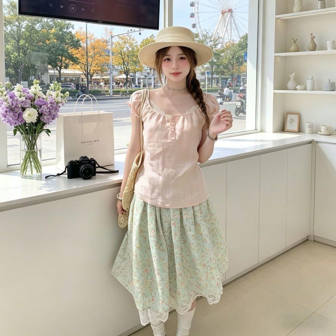绝美甜美蕾丝泡泡衬衫碎花半身裙两件套2026夏蕾丝拼接花边中长裙