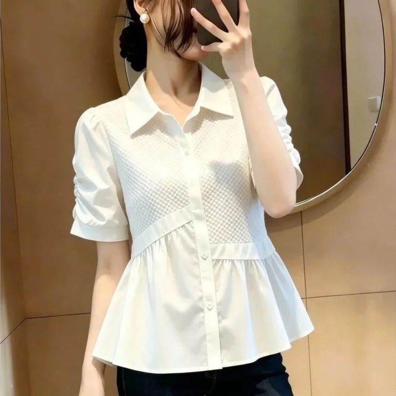 大码轻熟风白色短袖衬衫女装夏季职业装高级感气质衬衣polo领上衣