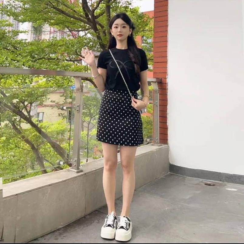 大码夏装妹妹时尚蝴蝶结一整套短袖两件套显瘦波点半身裙减龄套装