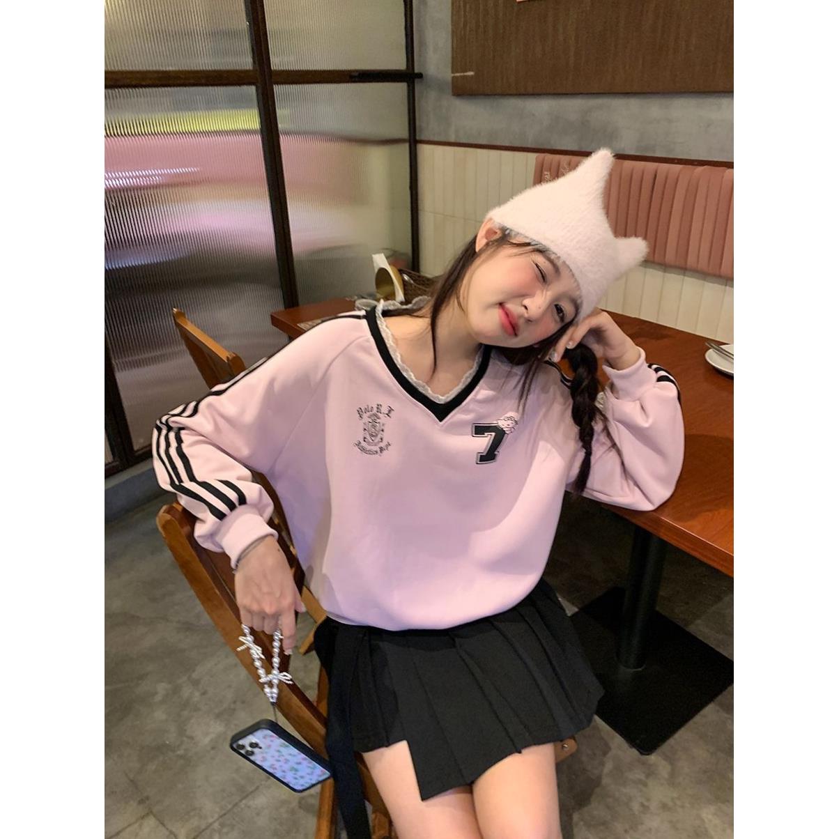 v领拼接蕾丝卫衣女潮牌秋冬小众设计感oversize美式复古长袖上衣