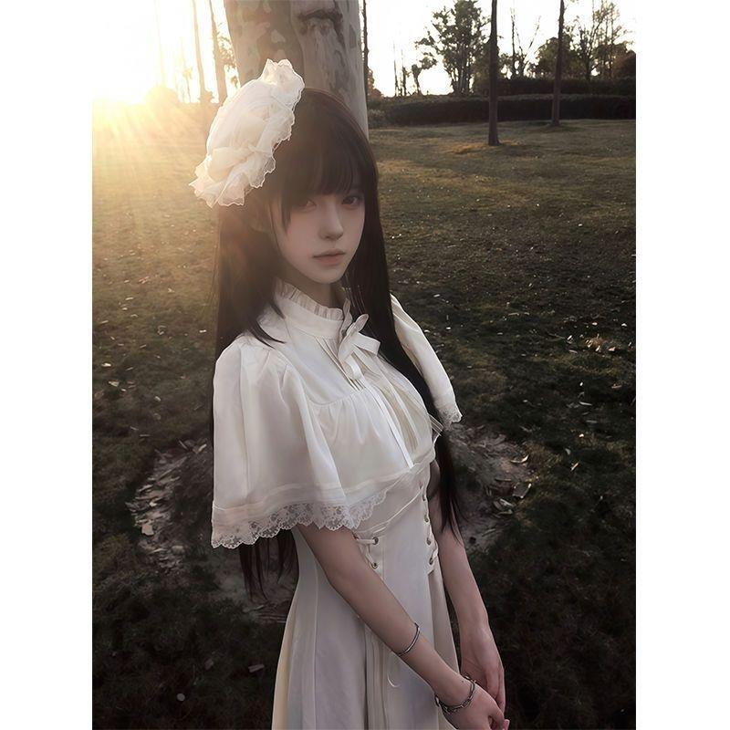 白色哥特风长裙Lolita宫廷风短袖收腰斗篷连衣裙女2025年夏季新款