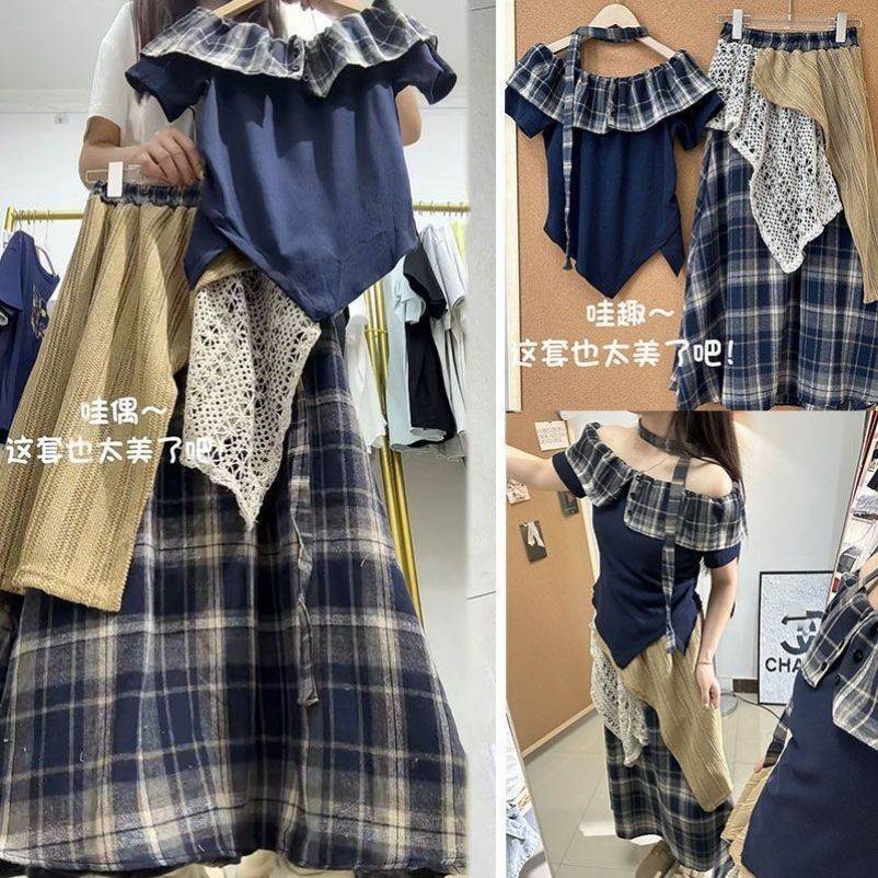 波西米亚复古一字肩格子短袖套装女学生夏季新款遮肉半身裙两件套
