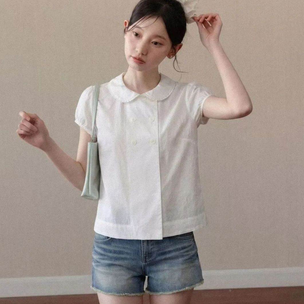 棉甜美减龄双排扣短袖衬衫女夏新款日系学院风简约通勤娃娃领上衣