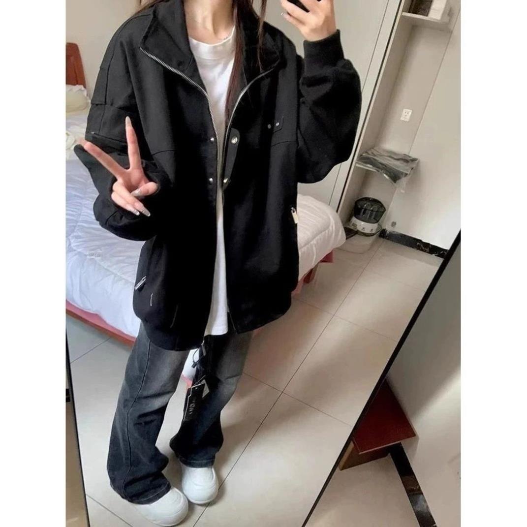 美式复古黑色外套女2026春秋季新款翻领小众宽松休闲飞行夹克上衣