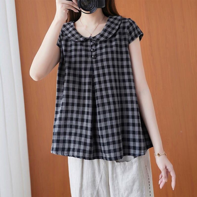 棉麻格子衬衫女宽松夏季新款百搭显瘦短袖休闲娃娃领衫衬