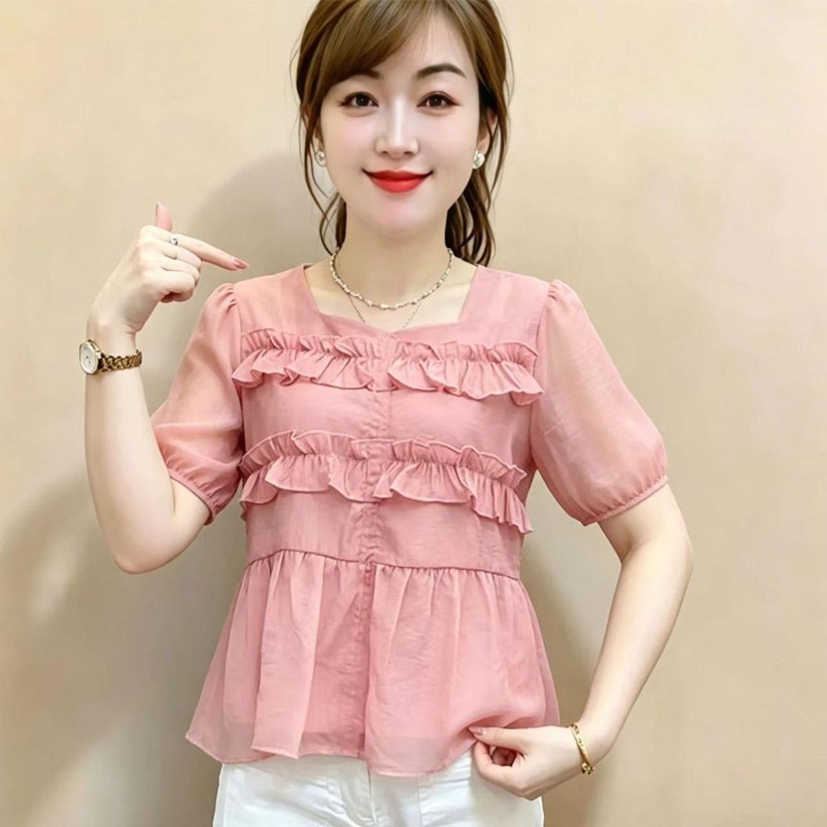 拼接荷叶边雪纺衫女2026夏季新款小个子遮肚子显瘦百搭短袖上衣潮
