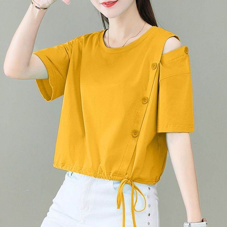 宽松大码短袖t恤女2025夏季新款韩版露肩设计感小众系带纯色上衣