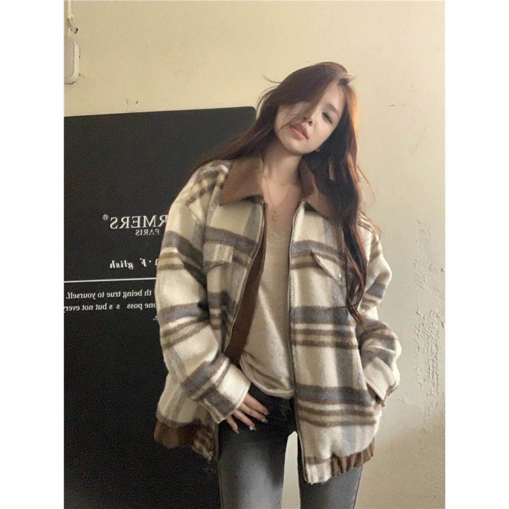 美式毛呢格子外套女 2026春秋新款宽松情侣 休闲百搭夹克高级感