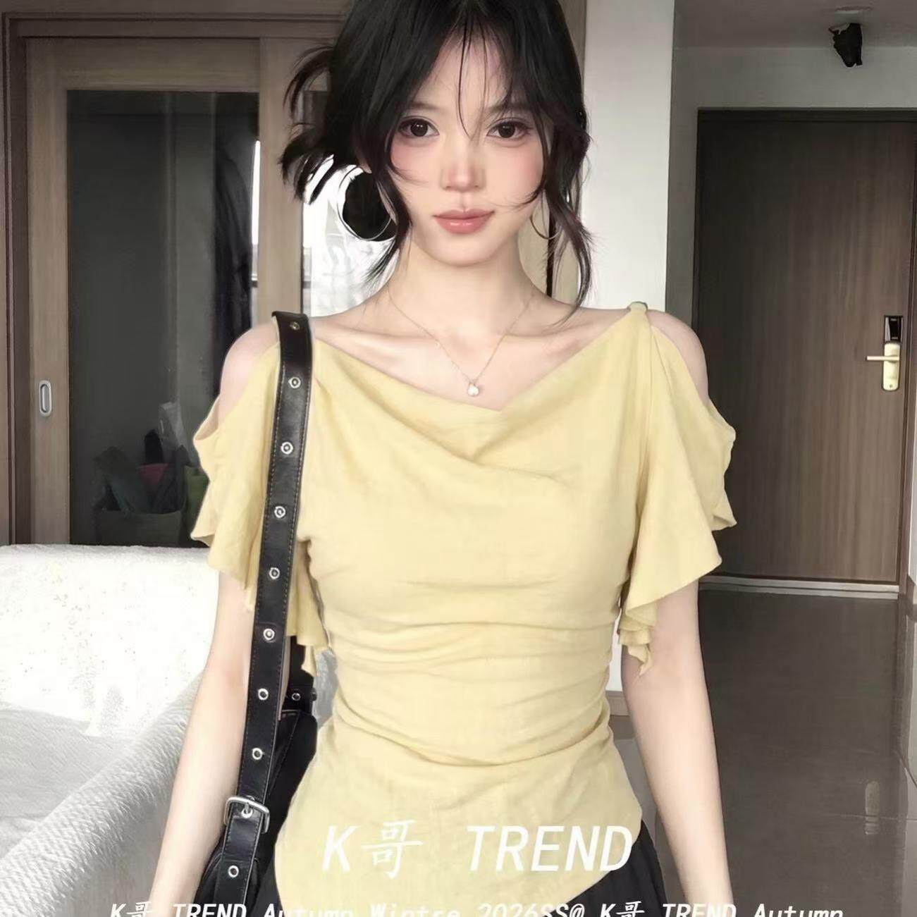 多巴胺绿色荡领荷叶边露肩T恤女夏季穿搭气质辣妹风收腰显瘦上衣