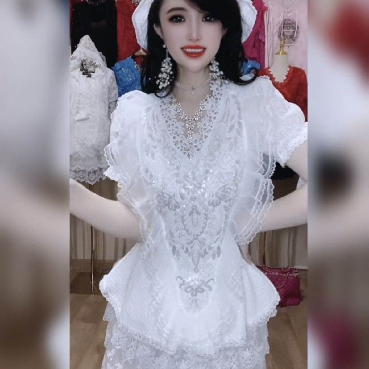 荷叶边V领钉珠亮片短袖蕾丝衫女夏修身显瘦甜美小香风半袖打底衫