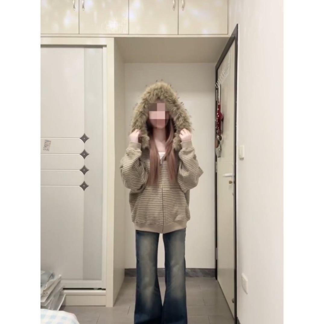 美式复古高街连帽卫衣条纹毛领连帽卫衣男女宽松开衫拉链外套上衣