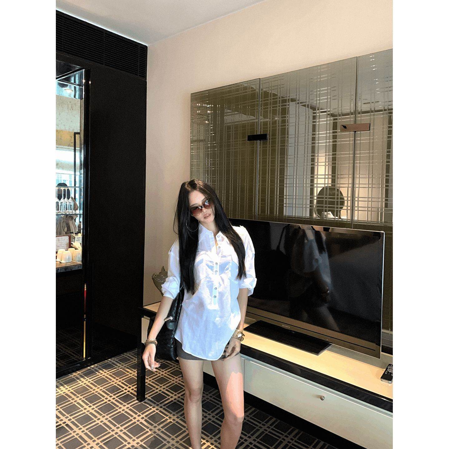 白色套装polo领长袖衬衫女秋季时尚百搭宽松衬衣小众休闲开衫上衣