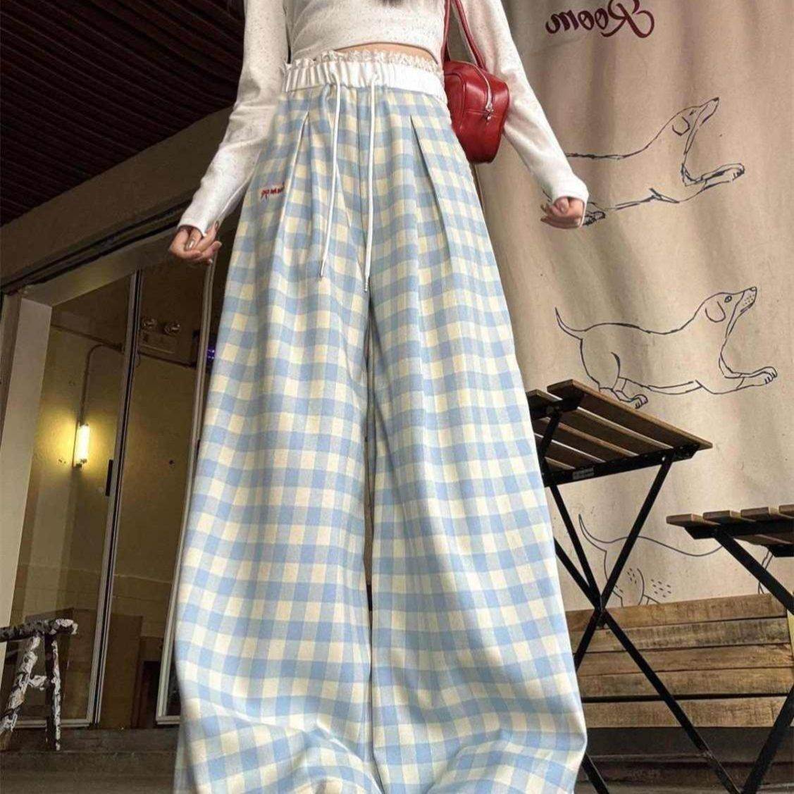 韩系蓝白格子拼接设计款阔腿裤女夏季新款薄款蕾丝花边显瘦休闲裤