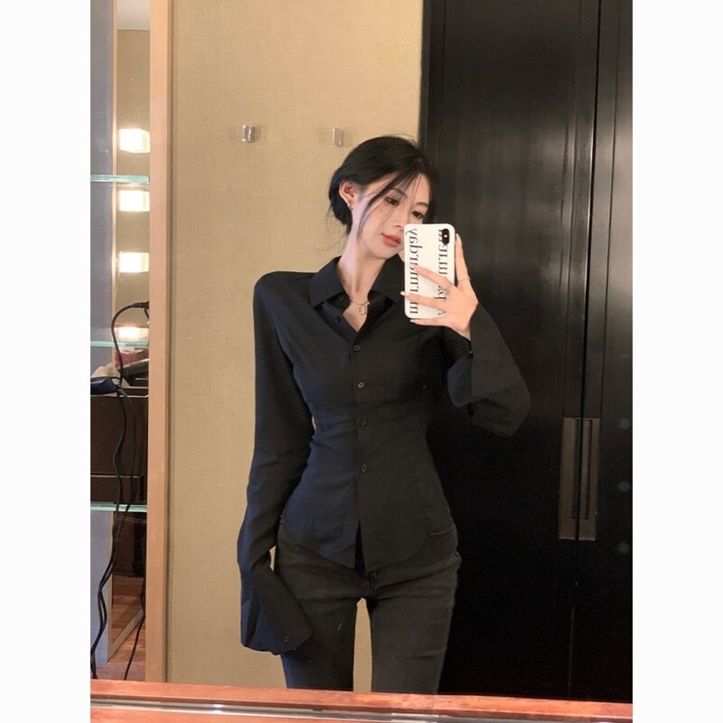 辣妹别致喇叭袖绑带衬衫女春秋黑色衬衣外穿收腰紧身法式掐腰上衣