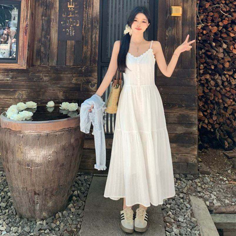 棉白色吊带连衣裙夏季新款提花刺绣白月光吊带裙甜美森女仙女风