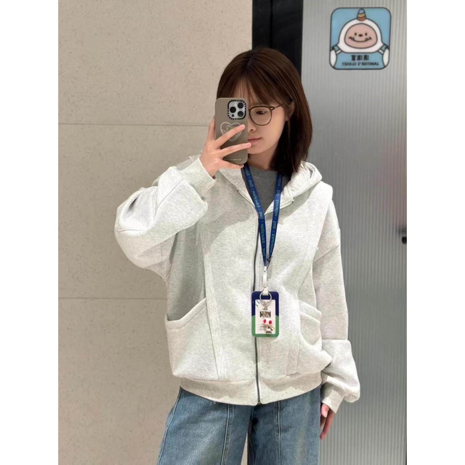 美式复古灰色连帽卫衣开衫女2025春秋款新款宽松百搭学生拉链外套