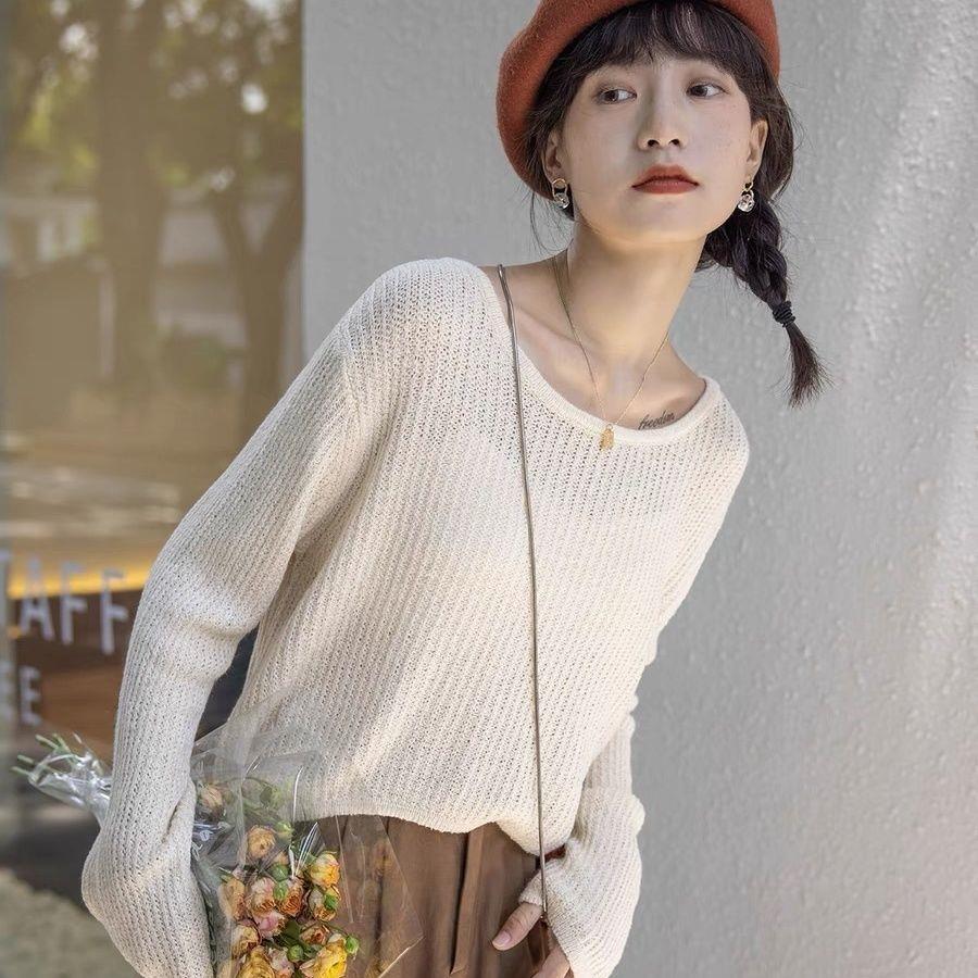 露锁骨短款针织衫女2024早春新款小个子慵懒绿色上衣长袖宽松罩衫