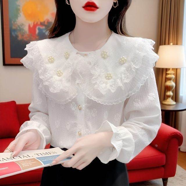 娃娃领雪纺珍珠蕾丝女设计感长袖衬衫洋气别致甜美上衣女
