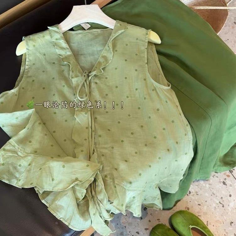 CHAO级推荐~绿色波点荷叶边棉麻背心女2026年韩系垂坠感宽松上衣