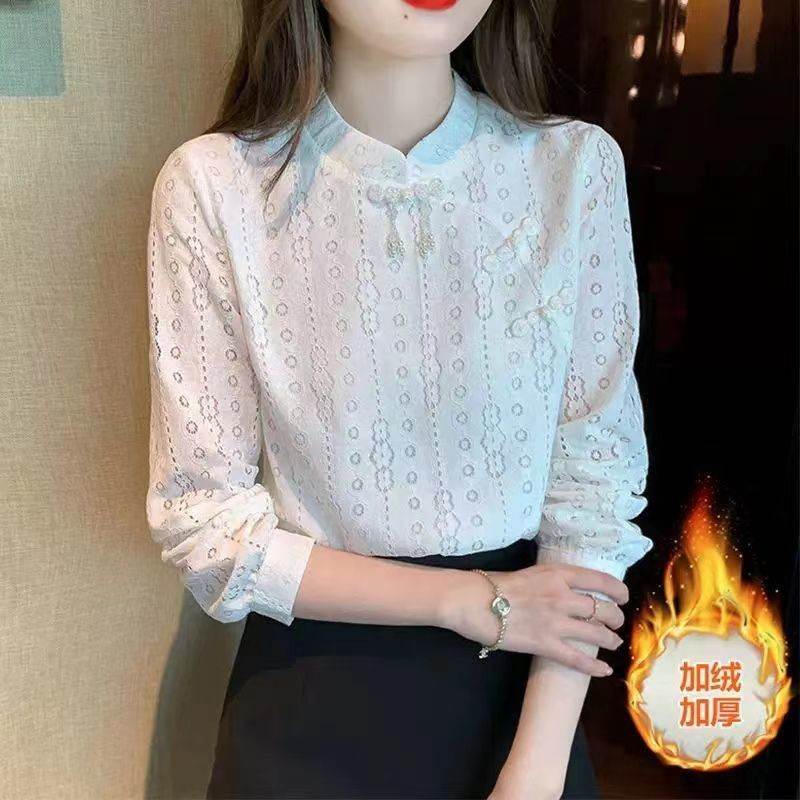 蕾丝打底衫女秋冬装加绒2025新款立领盘扣洋气时尚小衫长袖上衣
