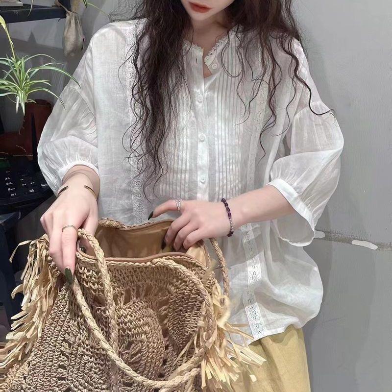 2026夏季日系纯色甜美遮肉显瘦蕾丝花边单排扣五分袖衬衫女上衣潮