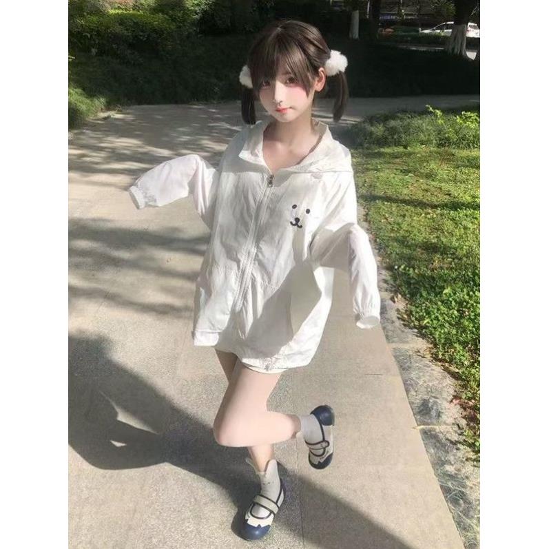 可爱小熊刺绣连帽防晒衣女夏季新款韩系宽松百搭休闲户外薄款外套
