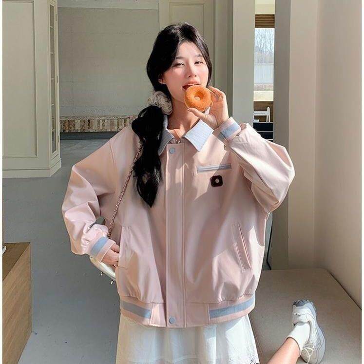 粉色撞色休闲少女外套春秋新款甜美显瘦正肩宽松短款夹克上衣叠穿
