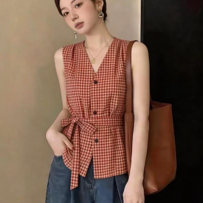 夏季新款时尚法式V领系带收腰格子衬衫女通勤气质百搭上衣衬衫