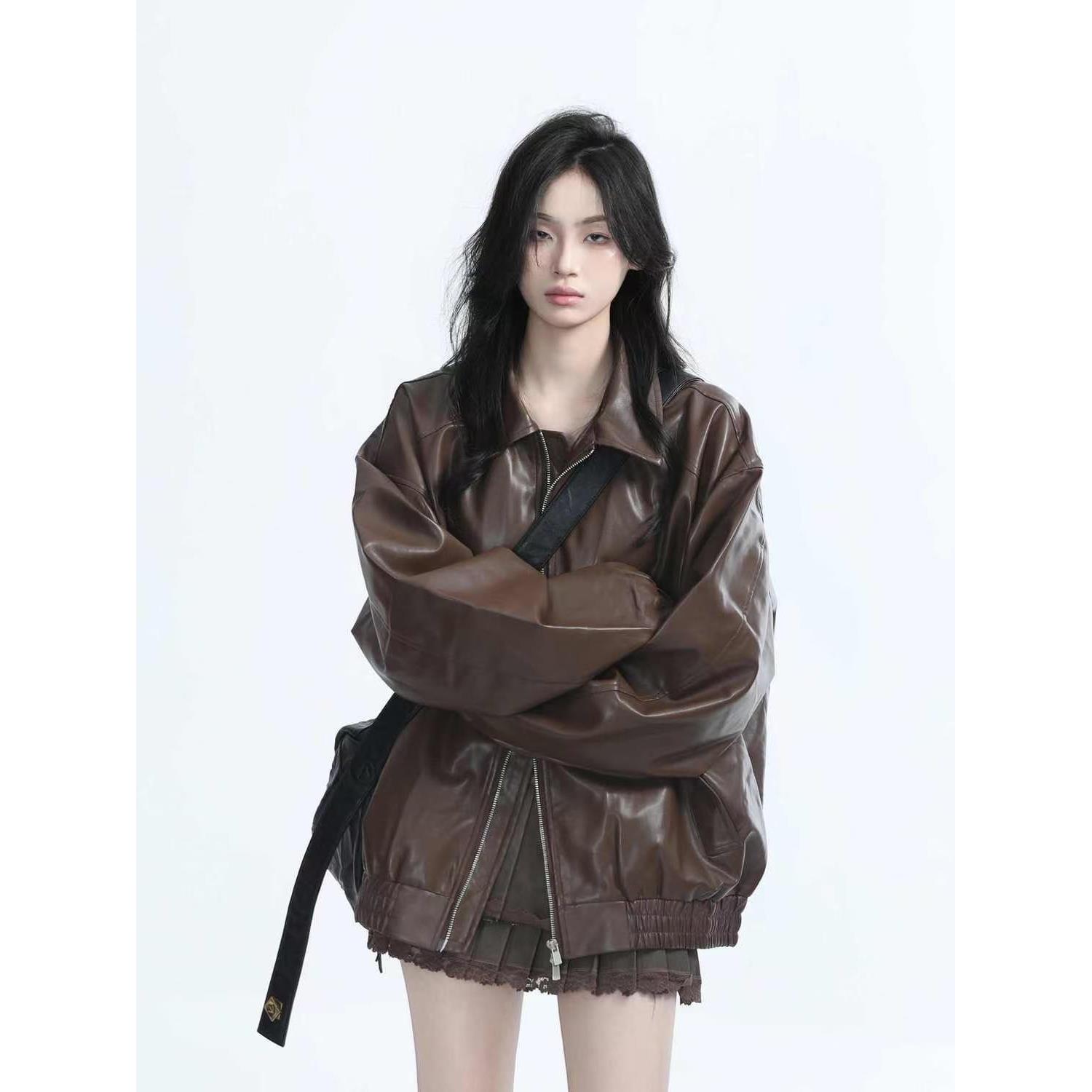 美式街头复古机车服黑色皮衣外套女春秋重磅宽松夹克上衣