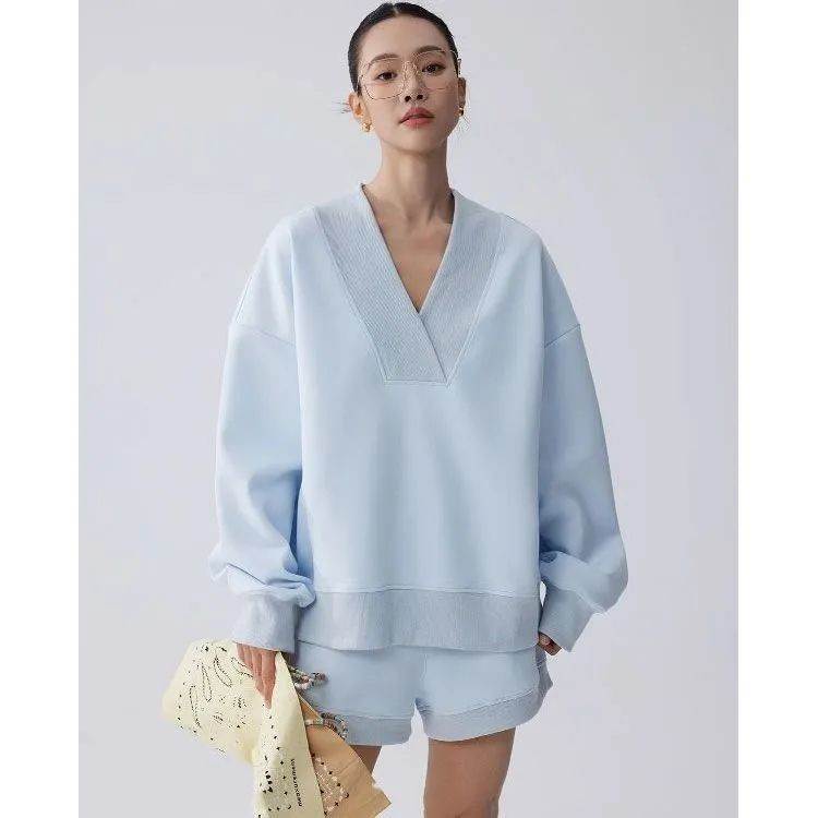 韩版时尚设计v领卫衣女两件套2026春秋新款宽松拼接上衣短裤套装