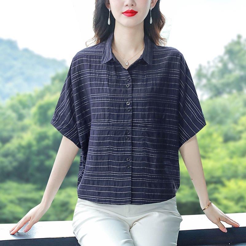凉爽透气2026休闲短袖女夏季新款韩版宽松洋气蝙蝠袖棉麻衬衫薄款