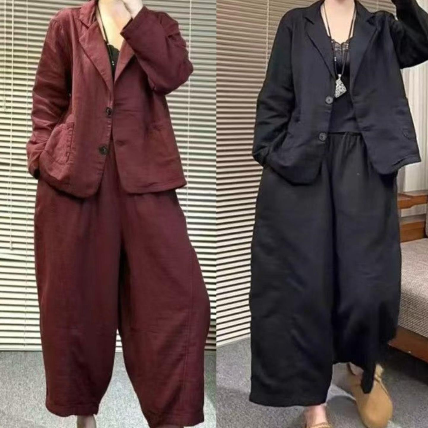 2026春秋季西服两件套时尚西装外套哈伦长裤宽松中年妈妈复古套装