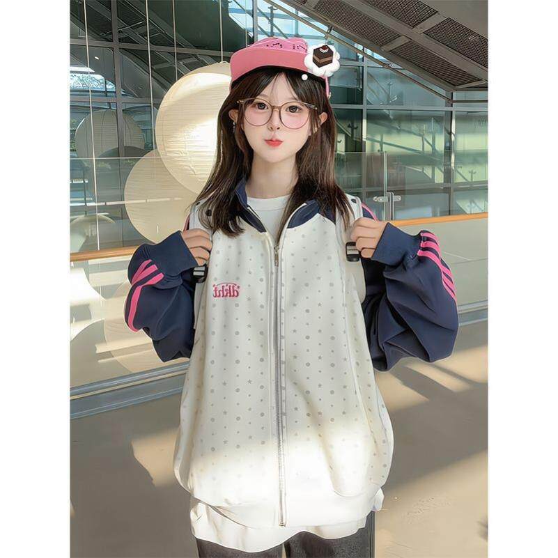 美式复古星星立领拉链外套女秋冬学院风宽松休闲运动夹克白色外套