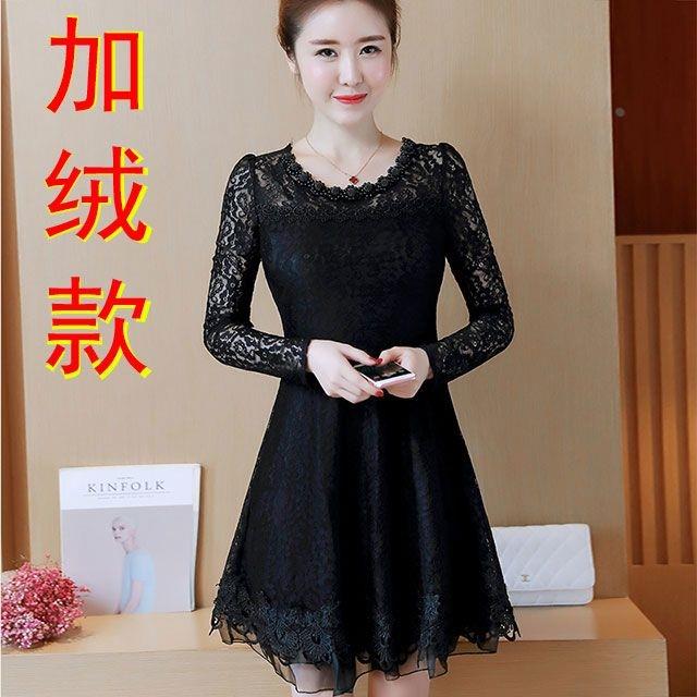 加绒加厚蕾丝连衣裙女2025秋冬新款中长款修身显瘦圆领A字打底裙