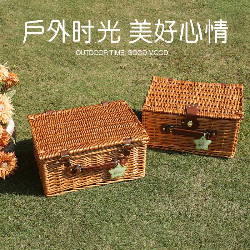 工厂现货野餐篮手工编织户外野餐带盖带餐具收纳篮水果牛排蔬菜篮