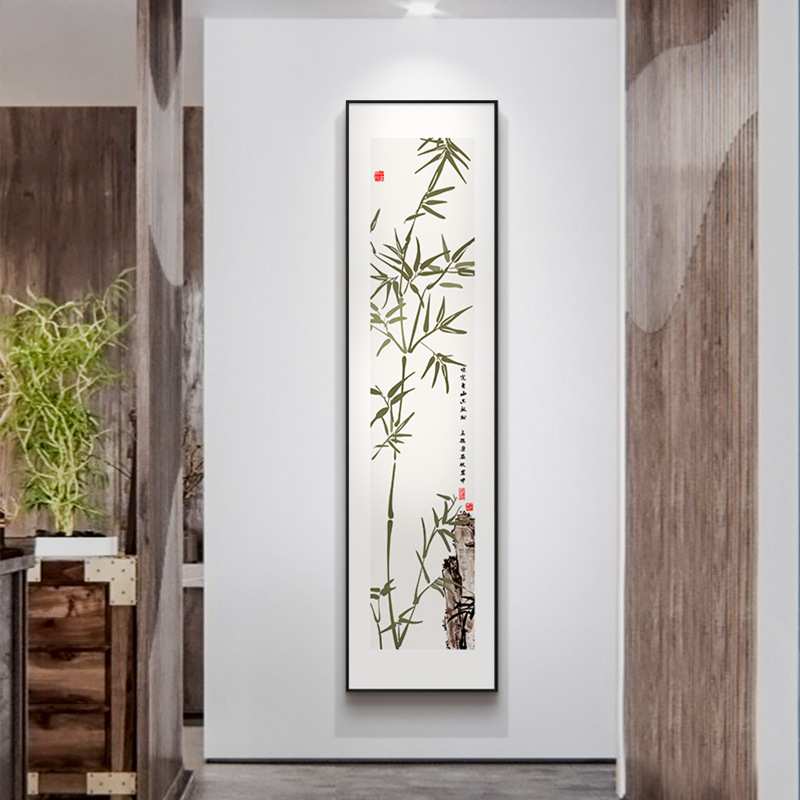 竹报平安竹子装饰画新中式入户玄关墙挂画竖版窄长条走廊过道壁画