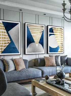 金箔金色客沙发墙三联装约饰画蓝现代简YVU创意抽象调软厅装酒店