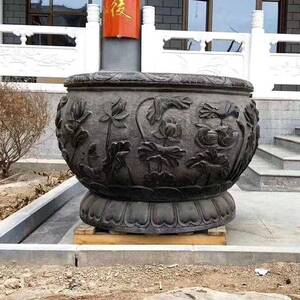 花青石鱼缸石雕别墅庭院做旧家鱼古居摆件仿荷花养鱼池钵DZE缸装