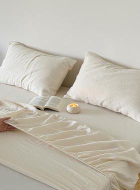 日OQD式简约纯色全棉双层皱皱被纱笠单床纯套棉A类单双人床单床垫