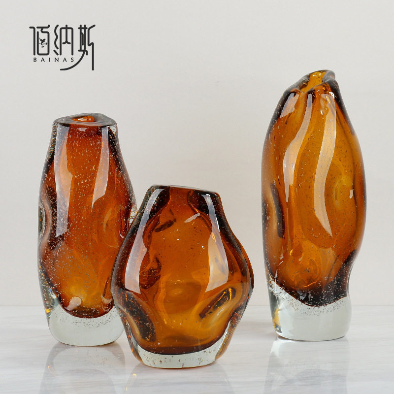 美式简约琥珀色加厚玻璃插花瓶