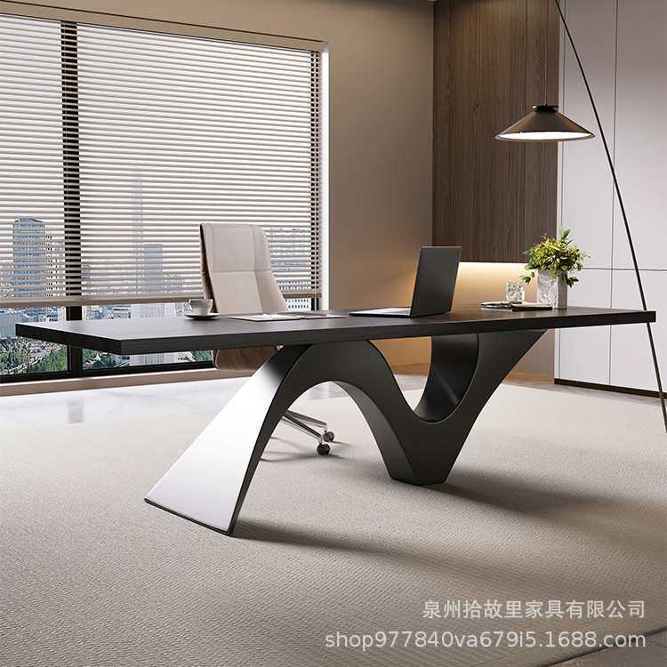 北欧实木老板桌公司单人白蜡木黑色工作台铁艺实木高档电脑办公桌