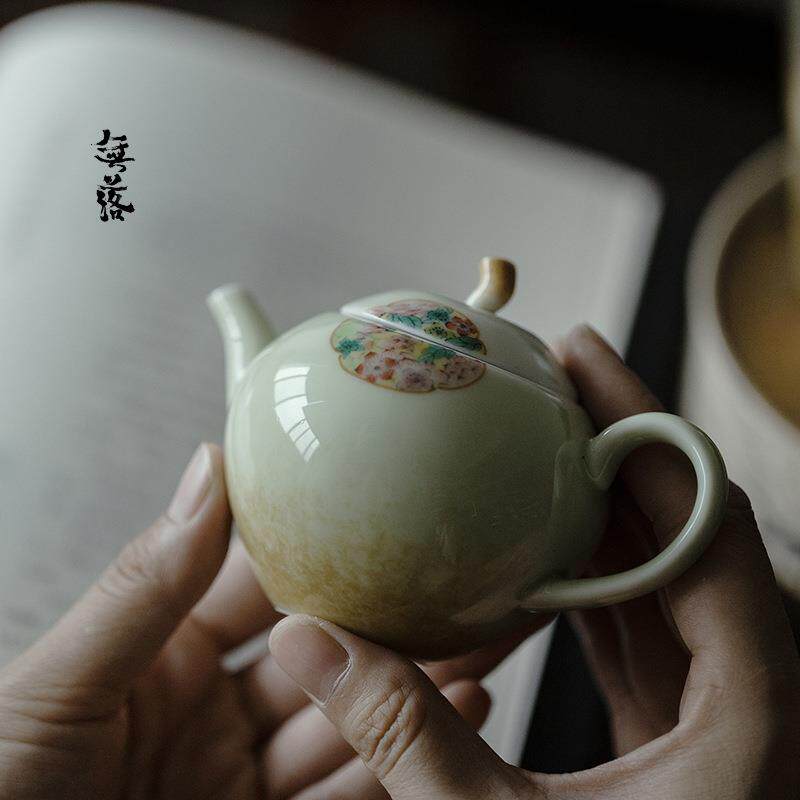 无落景德镇果青釉下彩手绘团鸣丑橘壶手工陶瓷茶壶带过滤单壶功夫