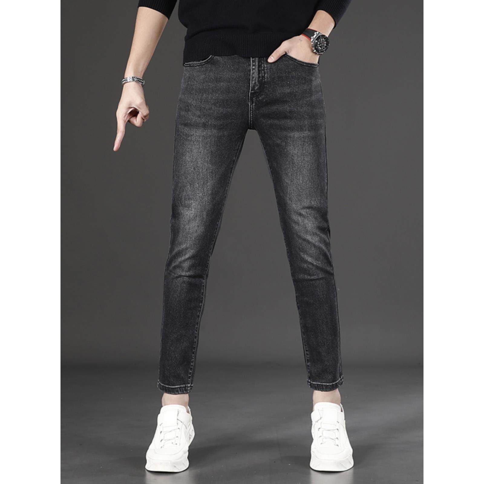 黑色九分牛仔裤男秋冬款潮流时尚弹力修身小脚男士小个子9分裤子