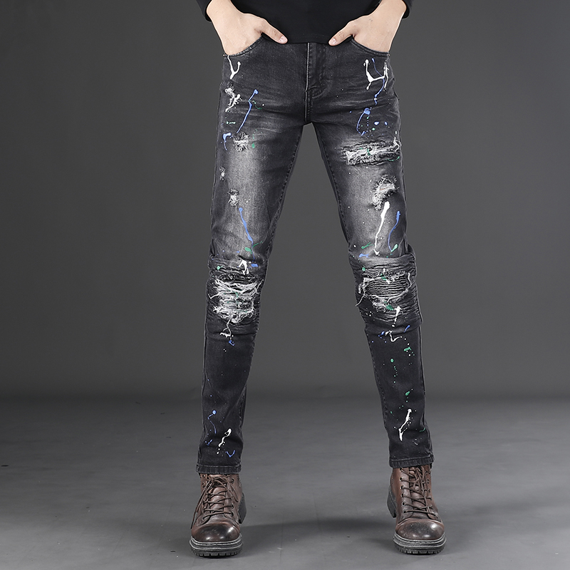 个性泼墨印花破洞黑色牛仔裤男